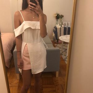 White & Pink Off the Shoulder Mini Dress